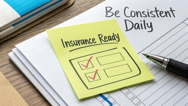 Sticky Note Reminder for Insurance Checklist on a Wooden Desk Surrounded by Office Supplies and Planning Tools