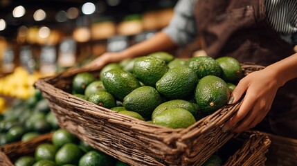 employees woman's hands sell Avocado in the department store.