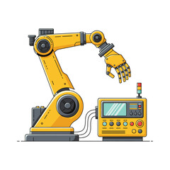 Yellow industrial robotic arm with advanced control panel for automation and manufacturing
