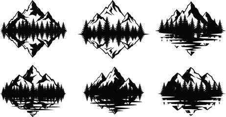 Fototapeta premium Mountain Reflection Silhouette Vector Set – Forest, Lake, Pine Trees, Snow Peaks for Nature, Landscape, and Environmental Design Projects