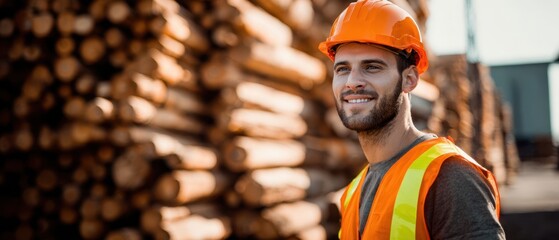 The lumberyard worker in a hard hat and reflective vest smiling outdoors