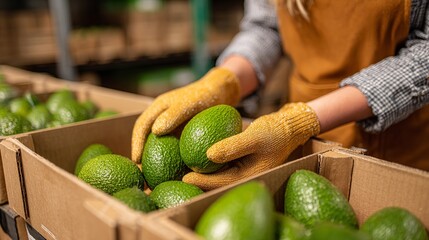 employees woman's hands sell Avocado in the department store.