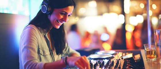 The DJ mixing upbeat music with headphones in a vibrant nightlife bar setting