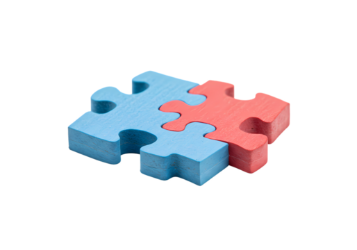 Two Interlocking Puzzle Pieces Blue and Red isolated on transparent background - Powered by Adobe