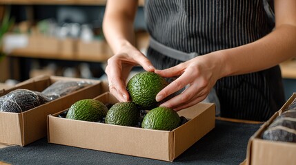 employees woman's hands sell Avocado in the department store.