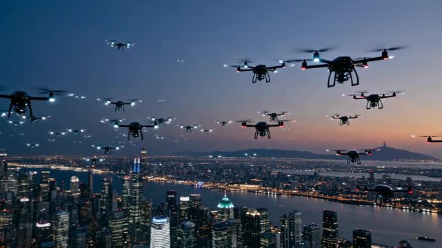 Swarm of drones flying over a futuristic city skyline at dusk, advanced technology concept