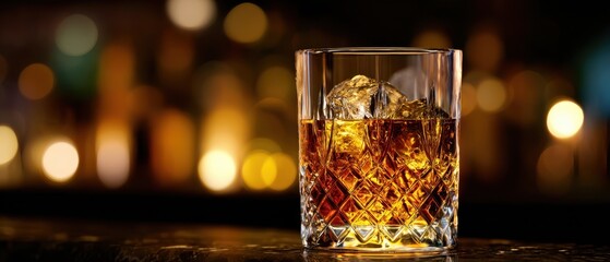 The whiskey glass on a bar with bokeh lights and ice cubes