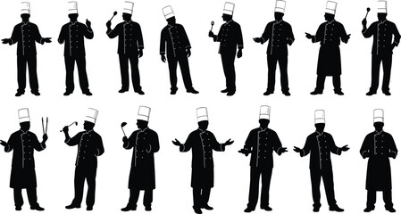Set of fifteen black chef silhouettes in various cooking poses with utensils and hats for culinary design and vector illustration use