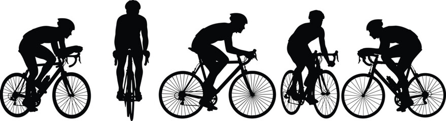 Set of five black cyclist silhouettes showing road bike riders in dynamic racing positions for sports, motion, and vector design use