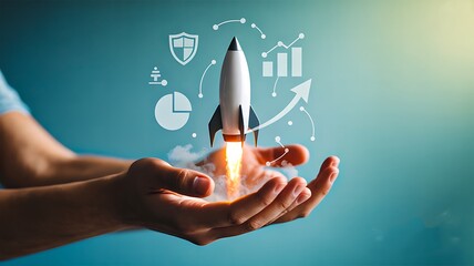 Hands holding rocket launch with business growth icons symbolizing startup success and innovation
