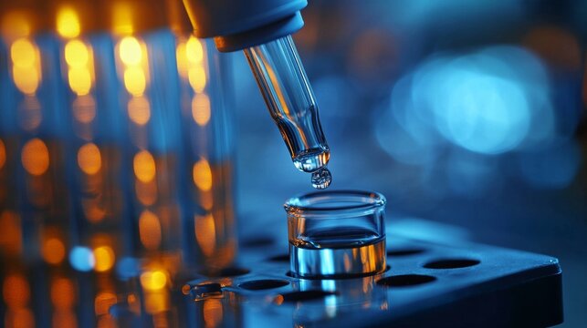 Laboratory pipette dropping liquid into glass vial under blue light, scientific research, biotechnology, chemistry, innovation, healthcare, experiment precision pharmaceutical laboratory development.