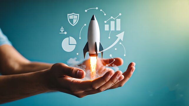 Hands holding rocket launch with business growth icons symbolizing startup success and innovation
