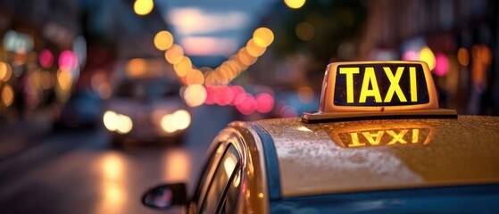 The Taxi Rooftop Sign Reflects Rainy City Lights on a Busy Night Street