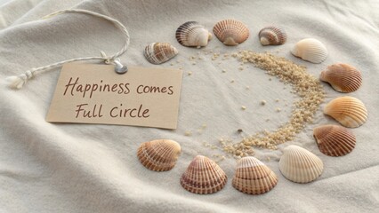 Happiness Comes Full Circle: Shells Arranged in a Circle on Fabric with a Tag Displaying a Heartfelt Message