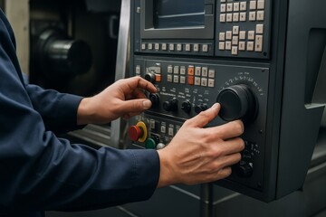 Hands precisely adjust controls on a modern CNC machine panel. This is close-up of an industrial operator's control over manufacturing.