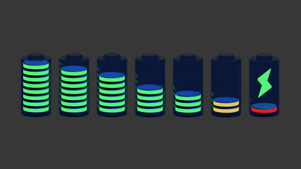 Discharged and various level energy batteries infographic set on black background, 3d rendering