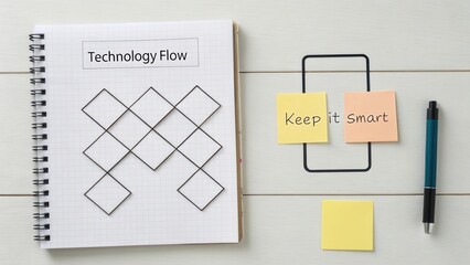 Technology Flow Diagram with Stylish Sticky Notes and Pen on Notebook, Minimalistic Workspace Concept