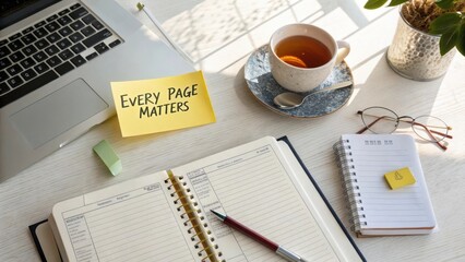 Cozy Workspace with Tea, Notepad, Laptop, and Inspiring Sticky Note Reminders for Productivity and Creativity