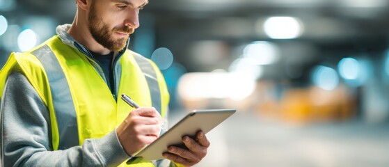 The worker with tablet conducting safety inspection in an indoor warehouse parking facility