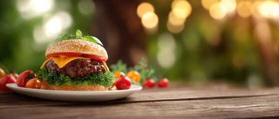 The Cheeseburger on a Plate with Fresh Greens and Cherry Tomatoes Outdoors
