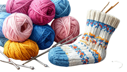 Yarn and Knitting Needles with Finished Wool Sock, Isolated PNG