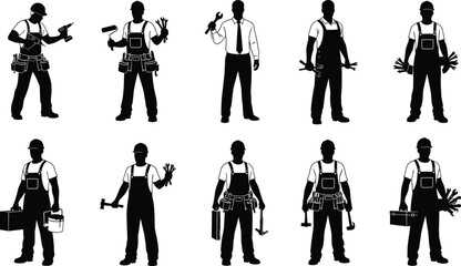 Set of ten black worker silhouettes with tools and uniforms representing manual labor and technical professions for vector illustration and design use