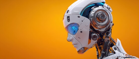 The Robot Head with Futuristic Blue Eye, Exposed Mechanics, and Orange Background