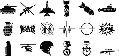 Set of twenty black silhouette icons representing military equipment, weapons, conflict symbols, and anti-war graphics, ideal for tactical design