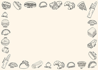 Landscape border - cream beige muted colour background, different types of popular recognisable sandwiches, breads, pastry and snacks neatly bordering a landscape page