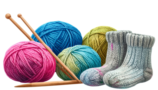 Knitting Set with Colorful Yarn Balls, Needles, and Handmade Sock, Transparent PNG