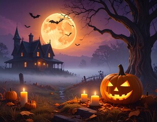 AI Generative Spooky Halloween scene featuring a haunted house, glowing jack-o'-lanterns, and a full moon.