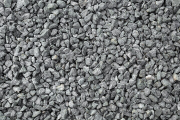 Light gray granite gravel road background. Closeup. Top down view.