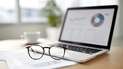 Eyeglasses resting on an open laptop displaying a pie chart set on a desk with papers and a coffee cup in a bright office