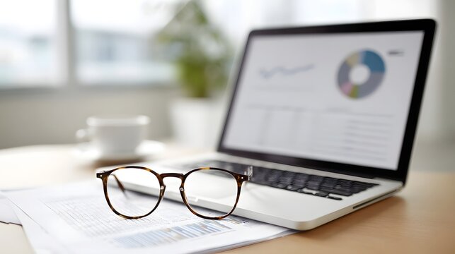 Eyeglasses resting on an open laptop displaying a pie chart set on a desk with papers and a coffee cup in a bright office
