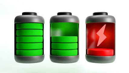 Discharged and various level energy batteries infographic set on black background, 3d rendering