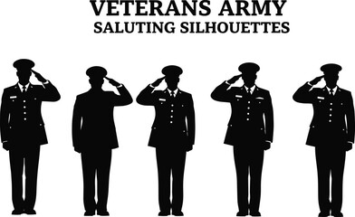 Veterans Army Saluting Silhouettes of Military Men in Uniform, Honoring Service, Patriotism, Discipline, Respect, and National Defense Tribute