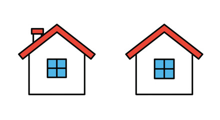 Simple drawing of two identical houses with red roofs and blue windows