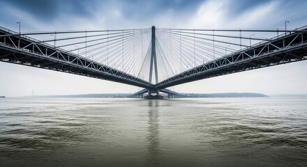Dramatic Cable-Stayed Bridge Over Water with Reflections and Cloudy Sky.