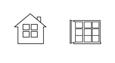 Simple black and white line drawing of a house and open window