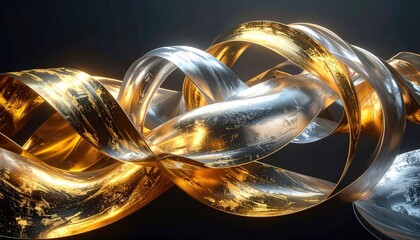 Intricate interplay of gold and silver ribbons in a dynamic, abstract composition.