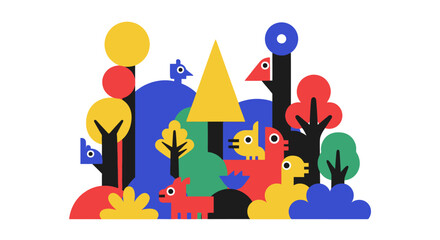 Whimsical abstract forest scene with playful geometric animals and trees.