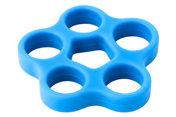 Blue silicone finger expander and hand grip exerciser tool isolated on a transparent background