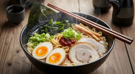 Authentic steaming ramen bowl ready to enjoy with flavorful broth and fresh toppings, perfect for food blogs and restaurant menus, delicious