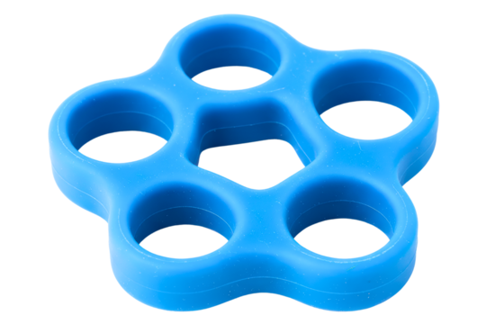 Blue silicone finger expander and hand grip exerciser tool isolated on a transparent background