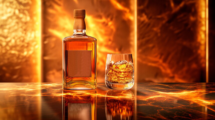A bottle of premium whiskey with a glass next to it, placed on the bar counter