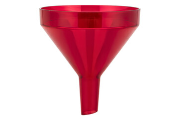 Red translucent plastic funnel for pouring liquids isolated on a transparent background