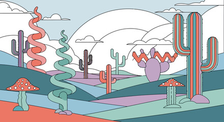 Whimsical Desert Landscape with Stylized Cacti and Mushrooms.