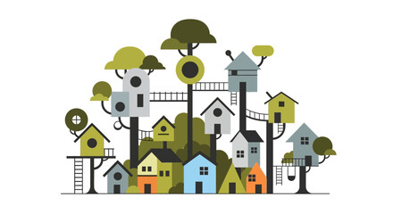 Whimsical illustration of a colorful treehouse village with various structures.