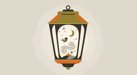 Whimsical Lantern Illustration with Bird, Moon, and Stars.