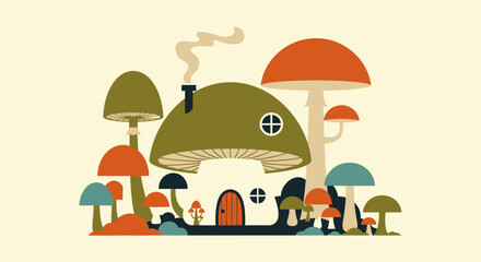 Whimsical Mushroom House Surrounded by Fungi.